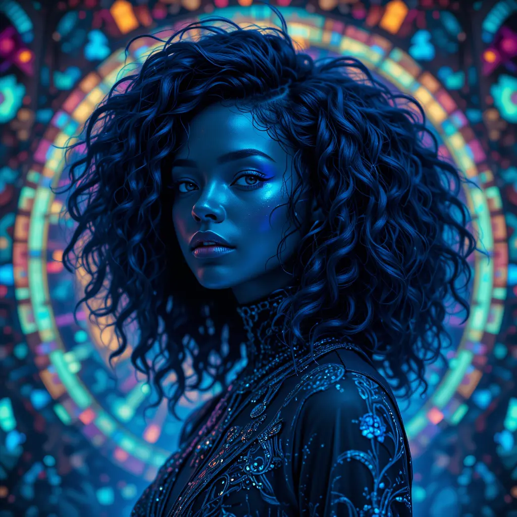 African woman in blue glitch fantasy 3D portrait