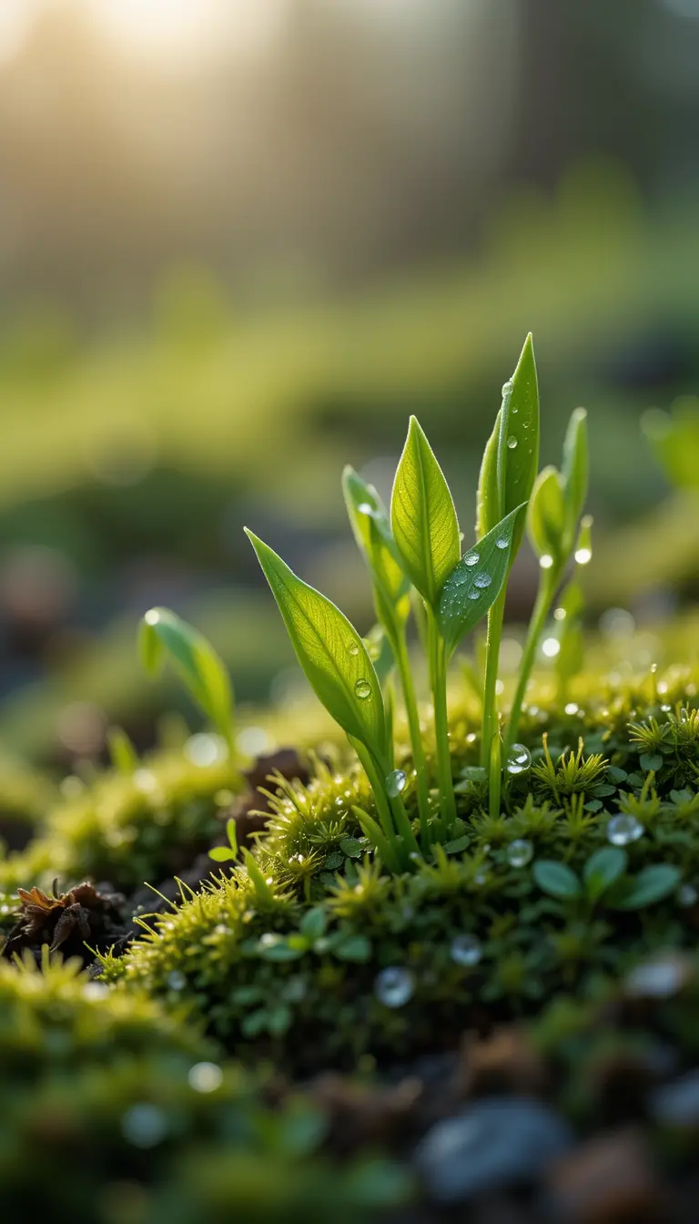 Spring sprouts with dew on fresh green leaves