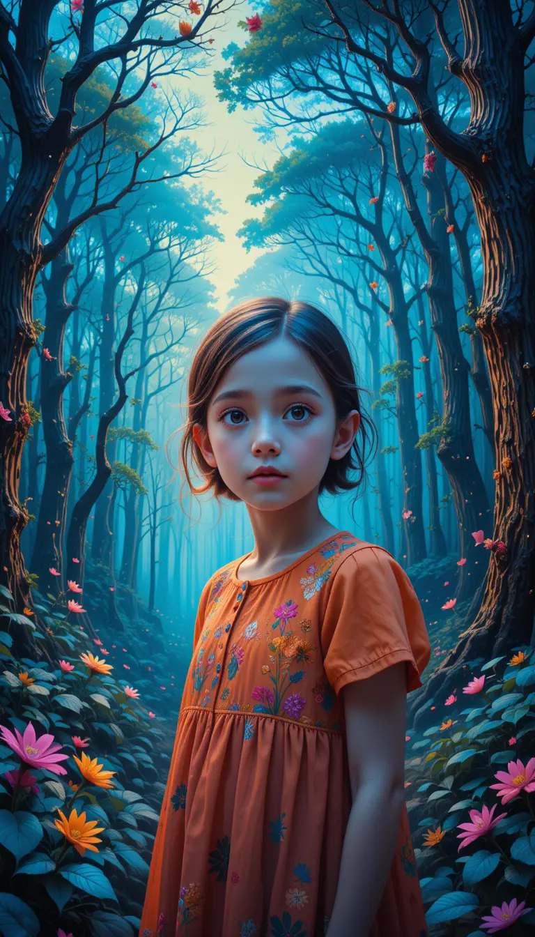 Young girl in a glowing fantasy forest portrait
