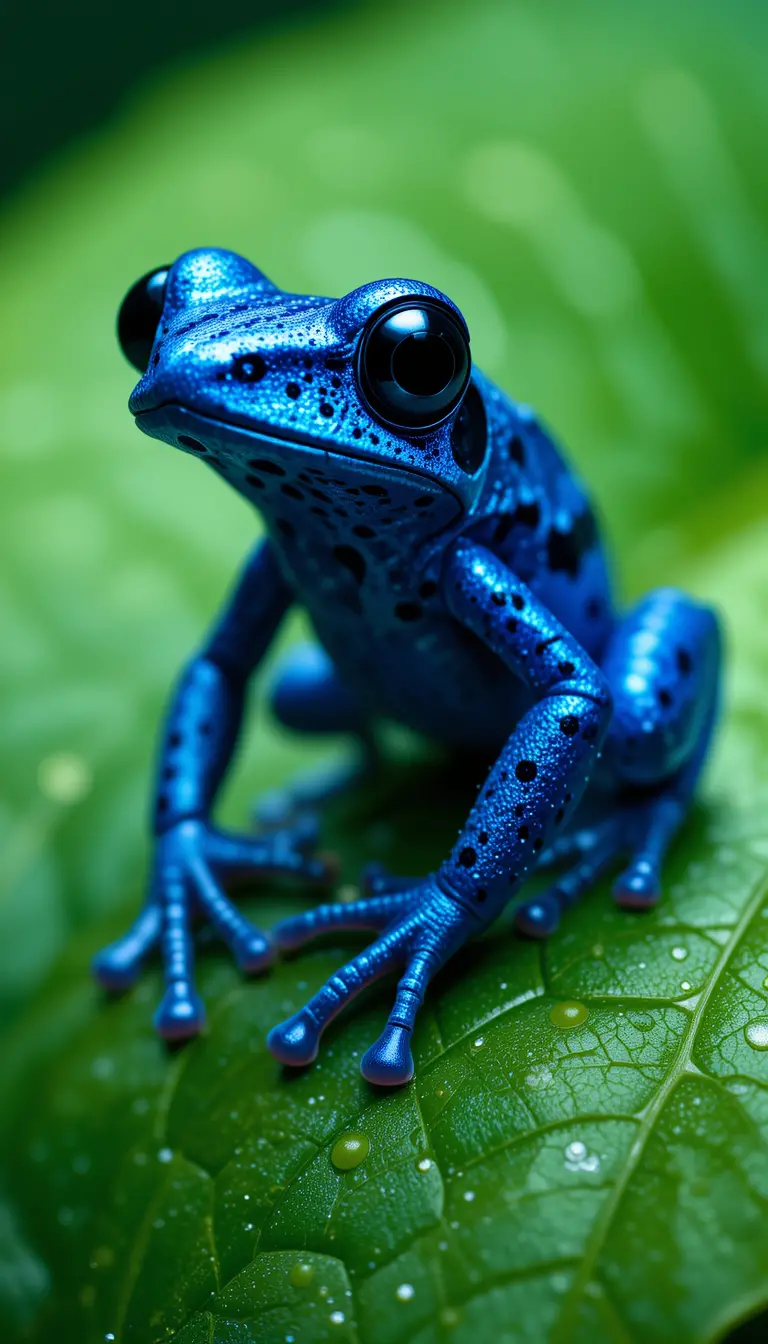 Blue poison dart frog on green leaf close up view