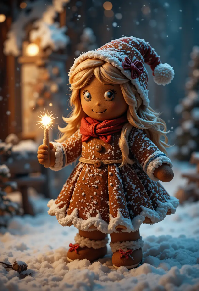 Festive gingerbread girl illustration in softly falling snow