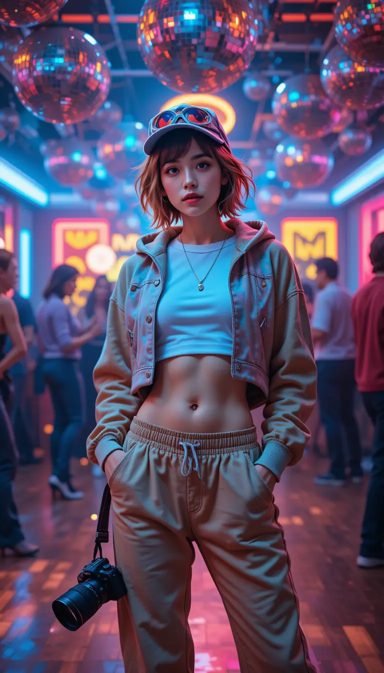 Stylish woman posing on retro neon disco dance floor