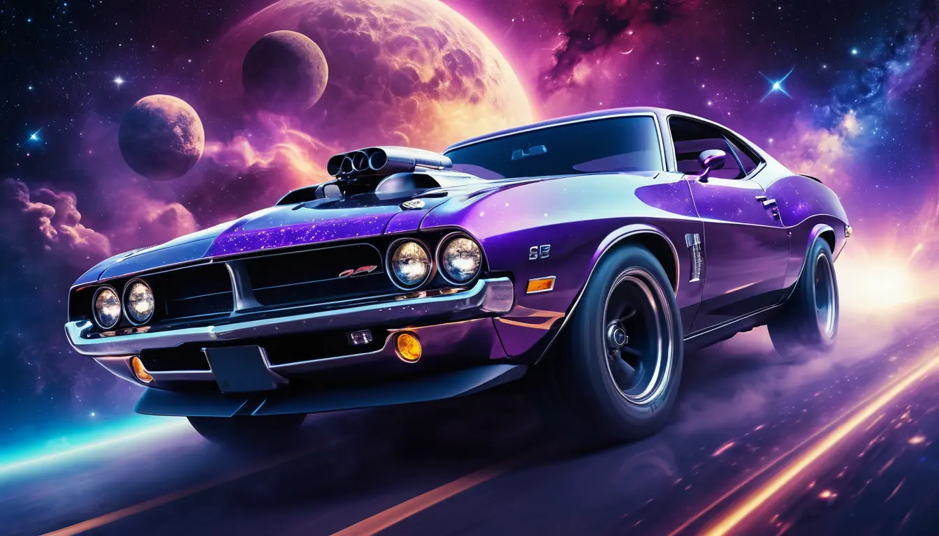 Futuristischer Muscle-Car rast durch den bunten Weltraum