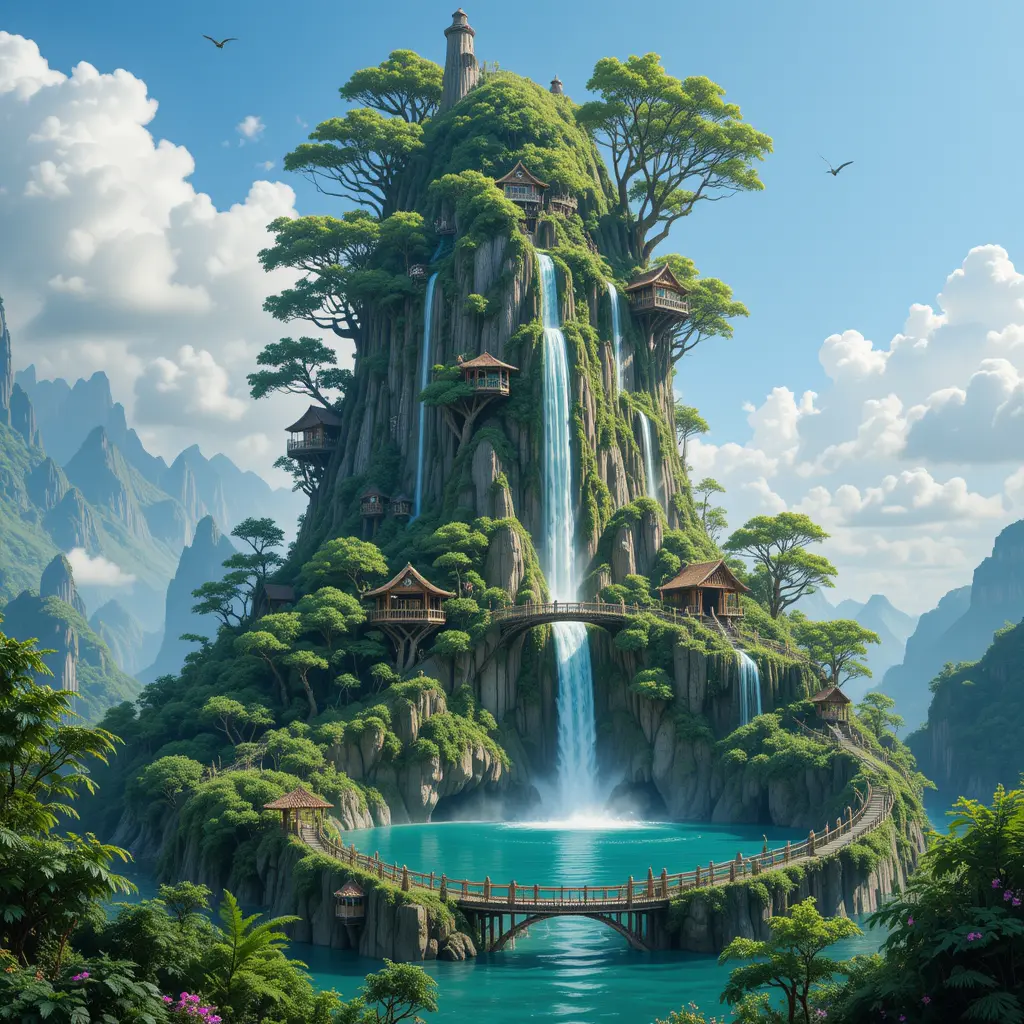 Fantasy banana shaped mountain with waterfall and lagoon