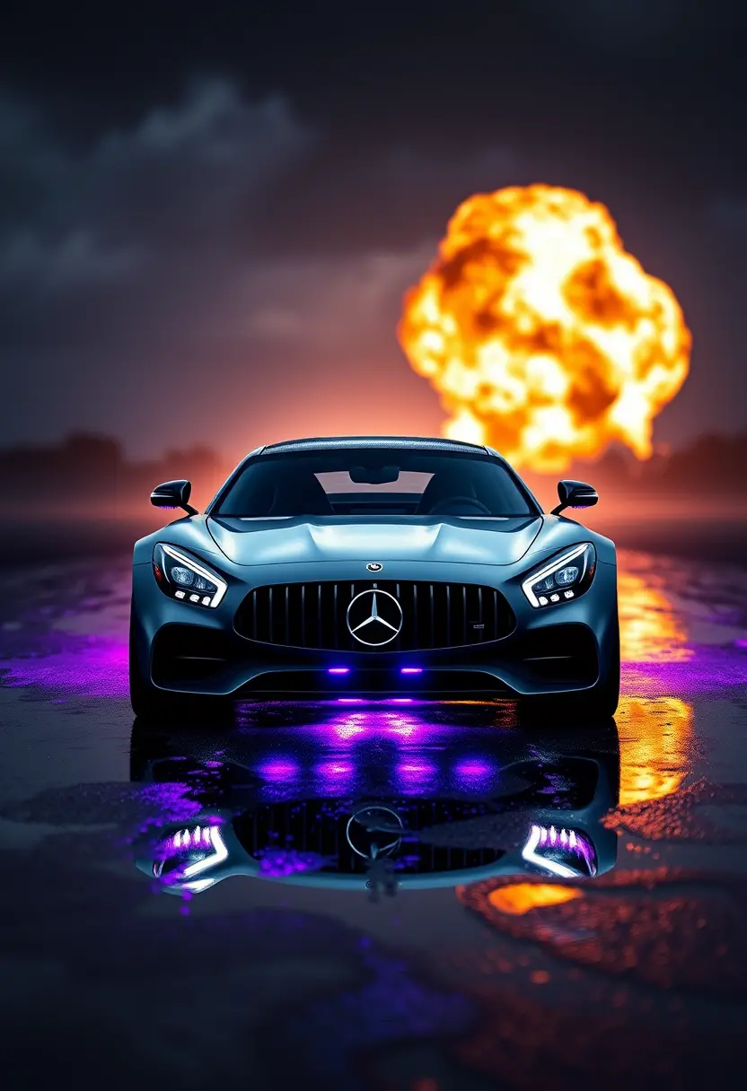 Dark Silver Sports Car Racing Through Stormy City Streets