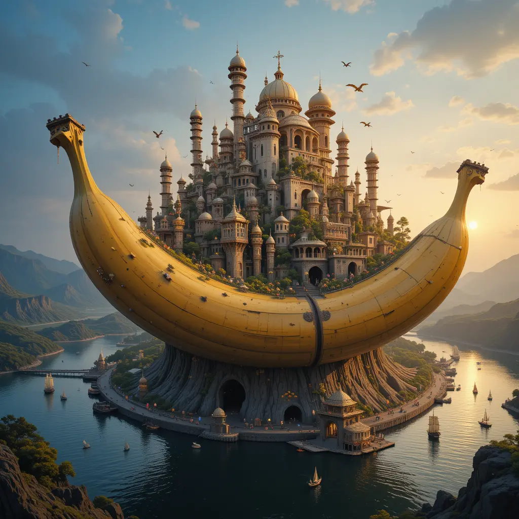 Fantasy city world built on a giant banana