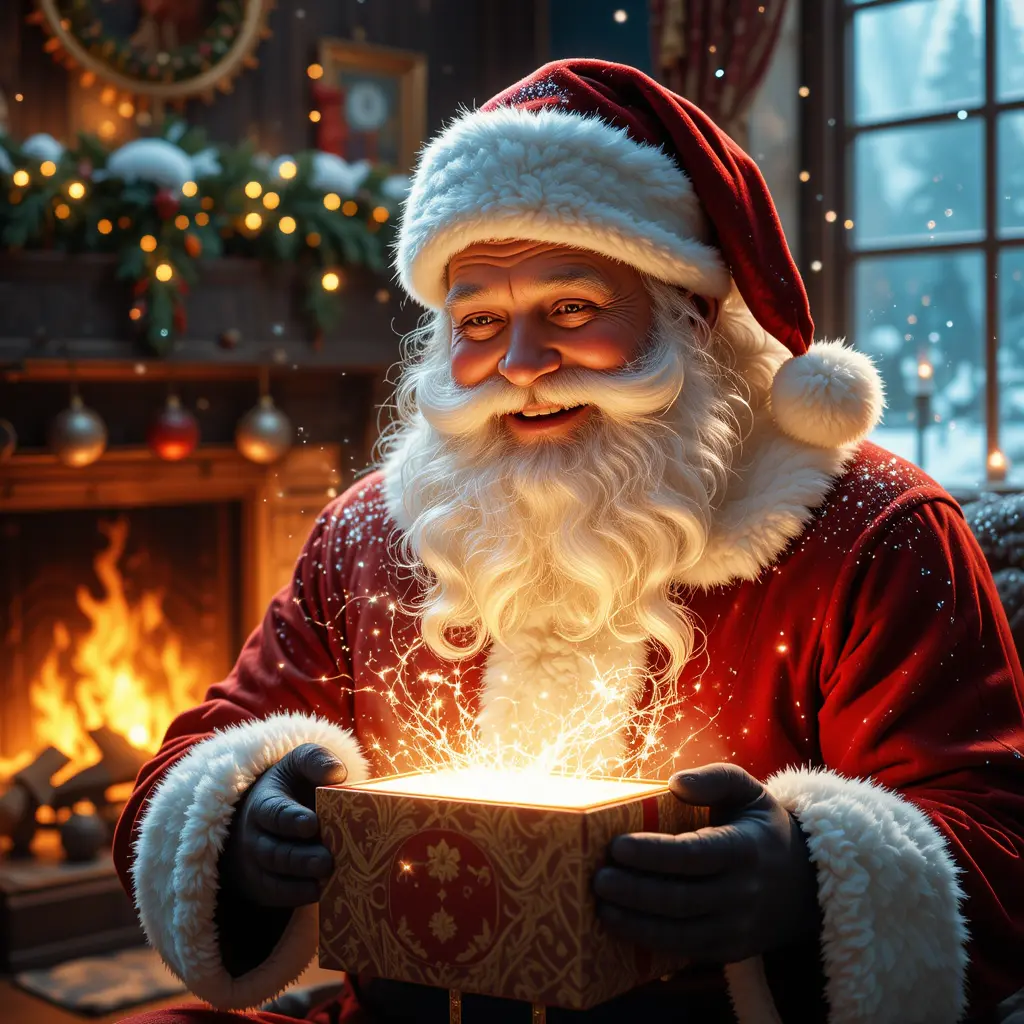Santa Claus Opening A Magical Glowing Christmas Gift Box