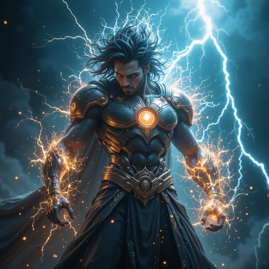 Thunder god fused with iron wielding explosive lightning power