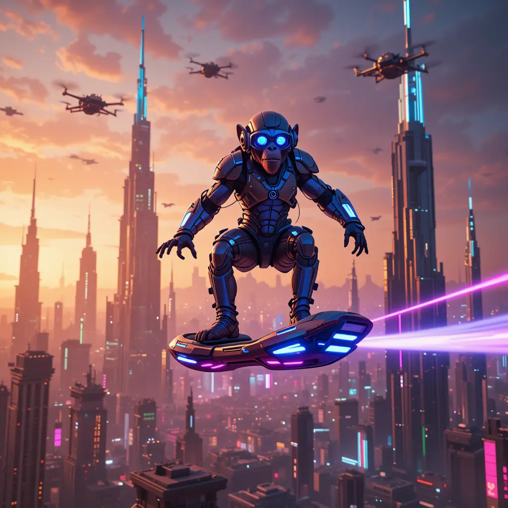 Cyberpunk monkey riding a neon hoverboard above city