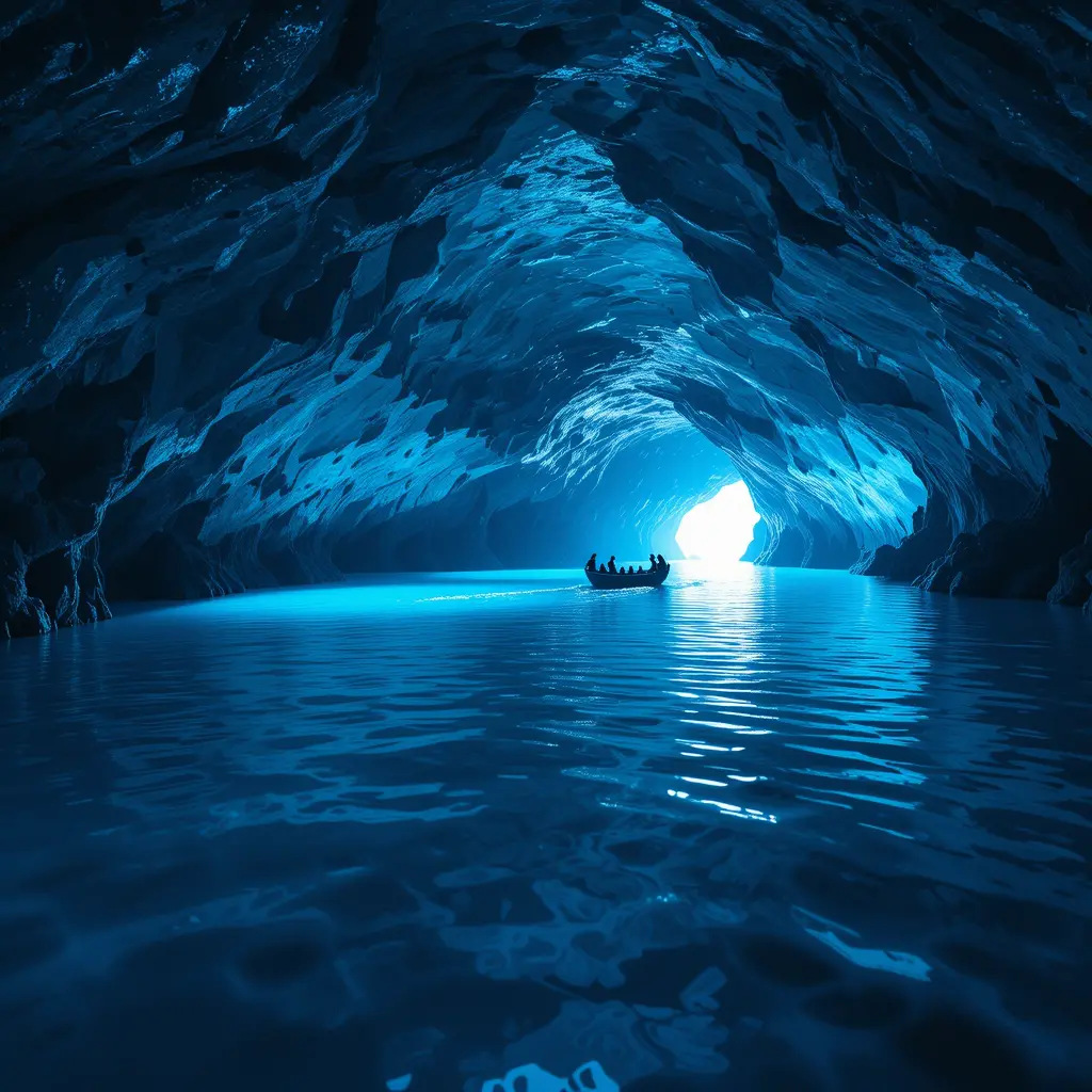 Tranquil Underground Cave With Boat On Blue Water