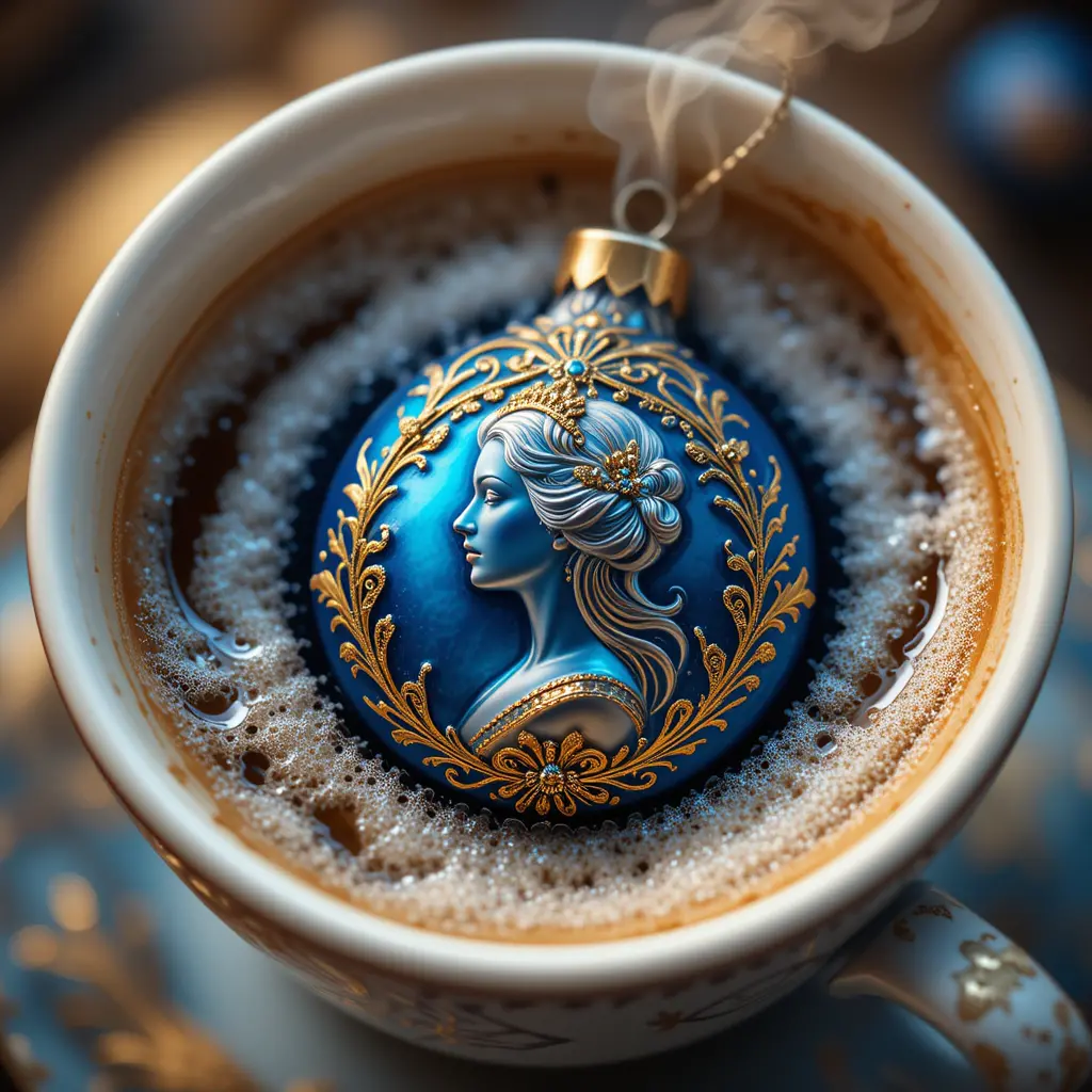 Festive Coffee Cup With Blue Ornament In Warm Light