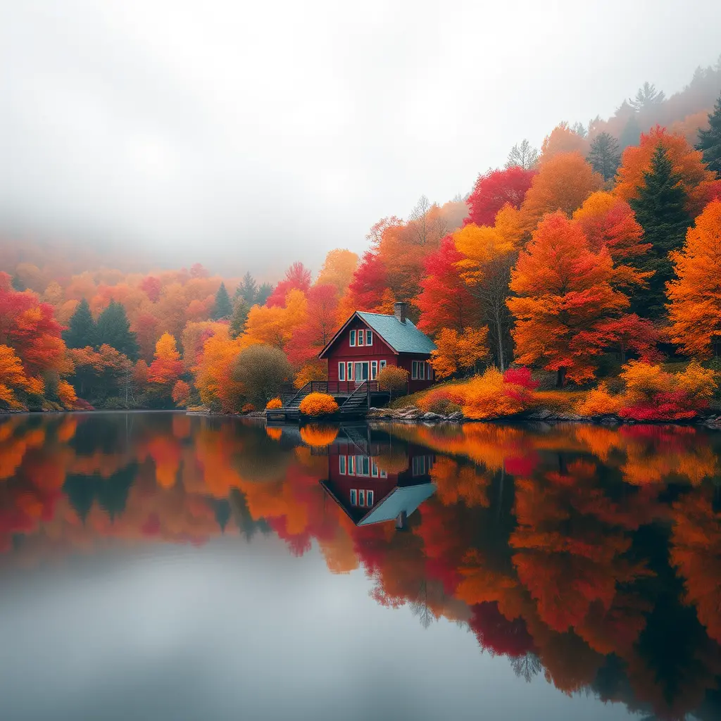 Autumn lakeside house reflected in a calm forest lake