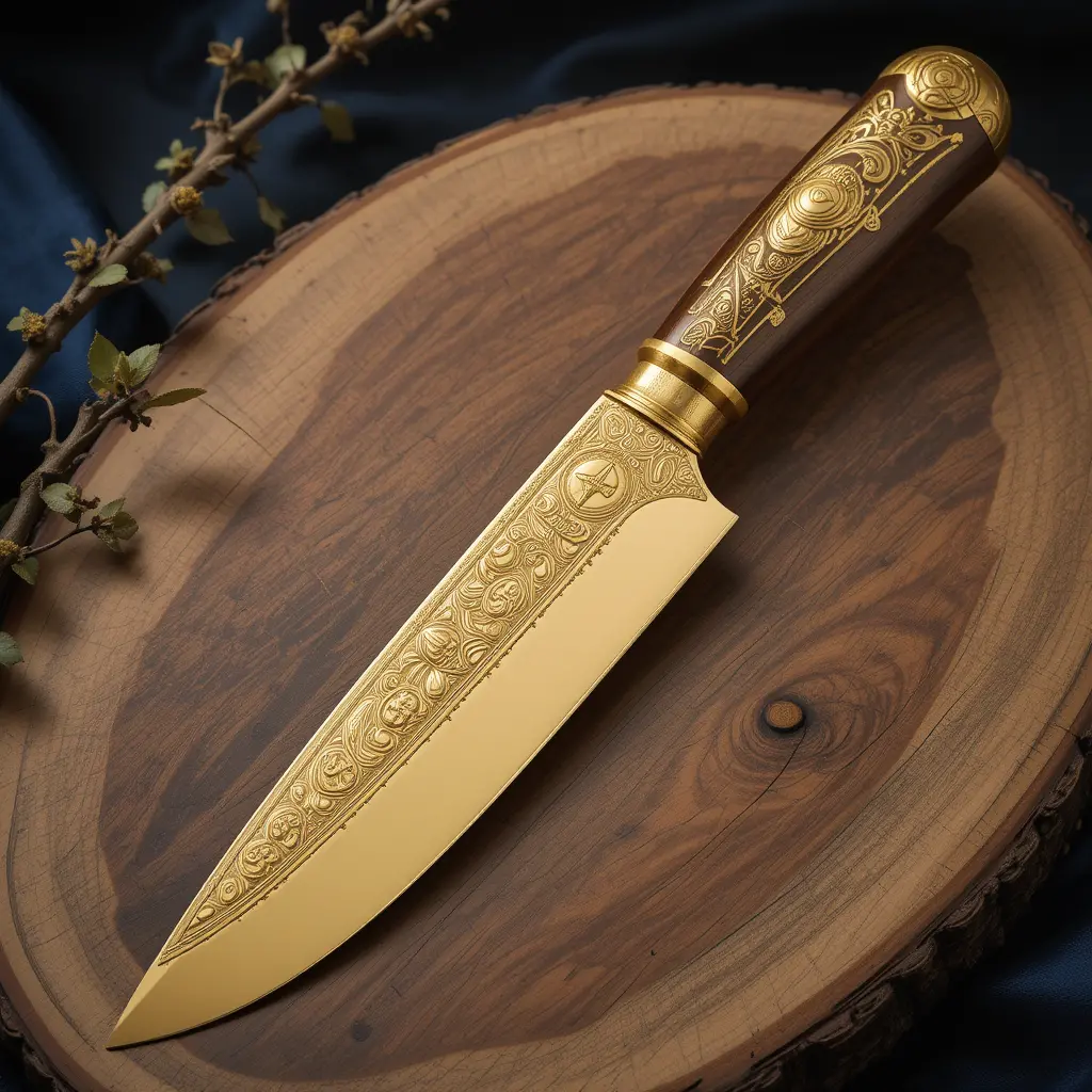 Golden engraved knife on wooden board in dark setting