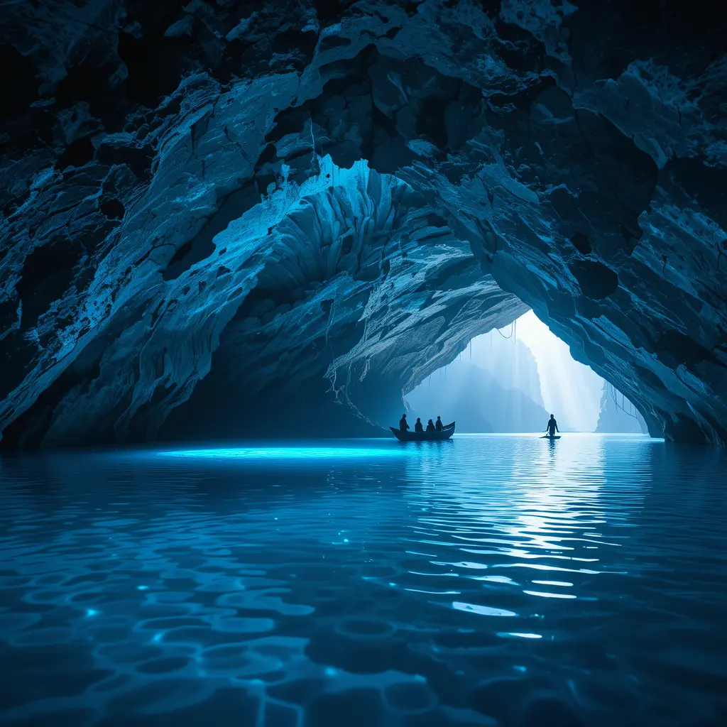 Tranquil boat drifting through a glowing blue cave
