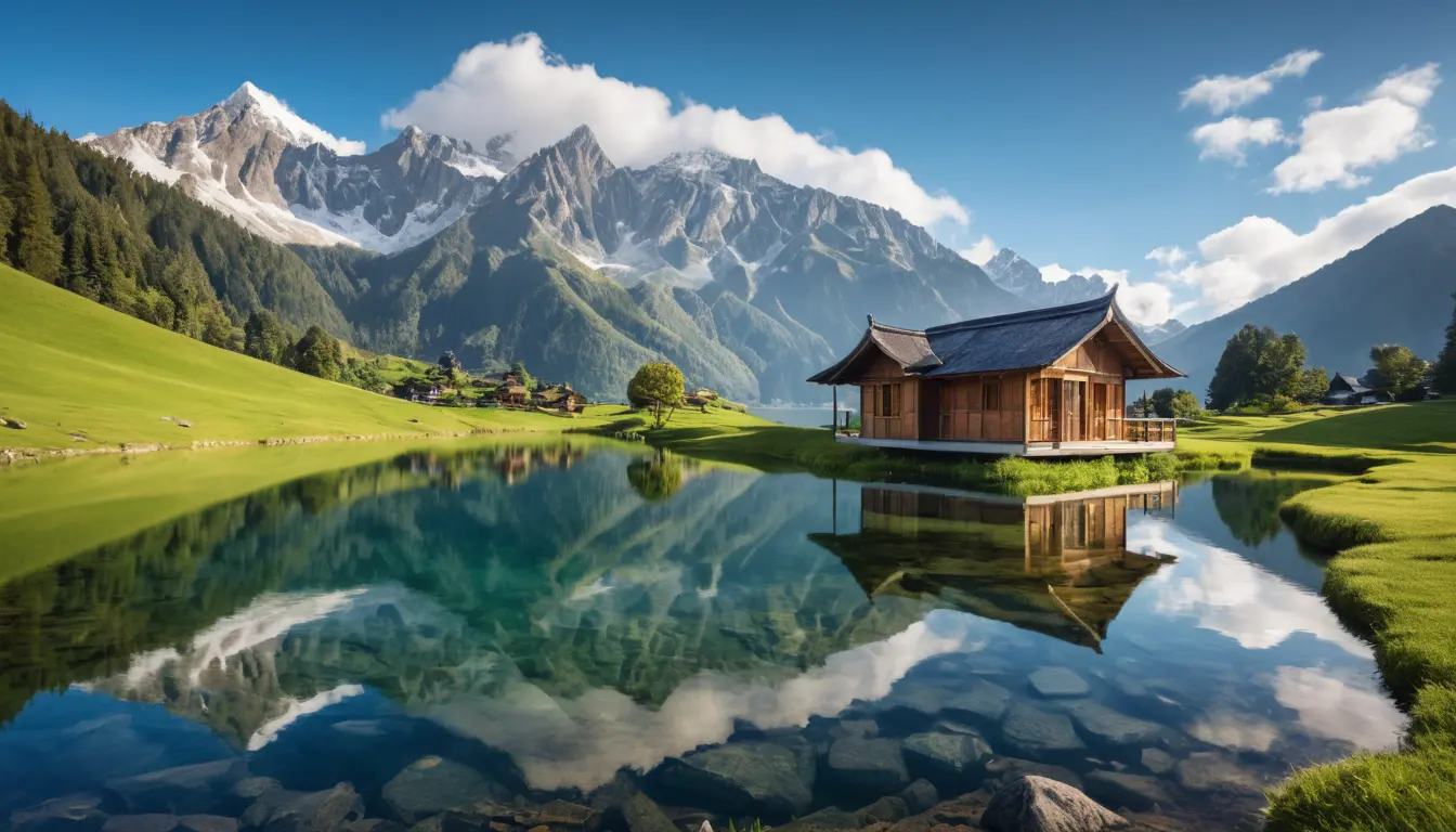 Serene Alpine Lake With Snowy Peaks And Wooden House