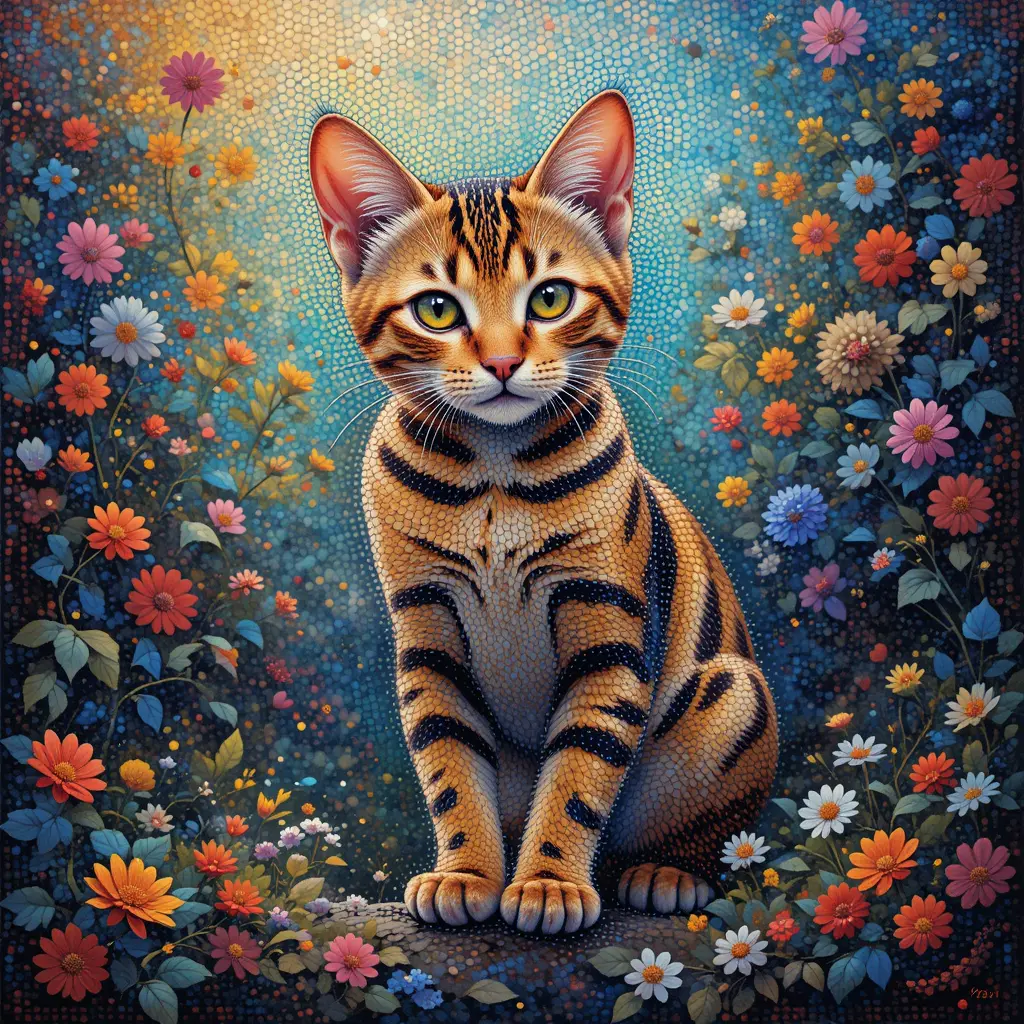 Pointillism Painting Of Playful Bengal Cat In Colorful Dots