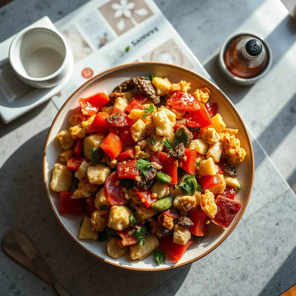 Colorful top view of plate of leftover food