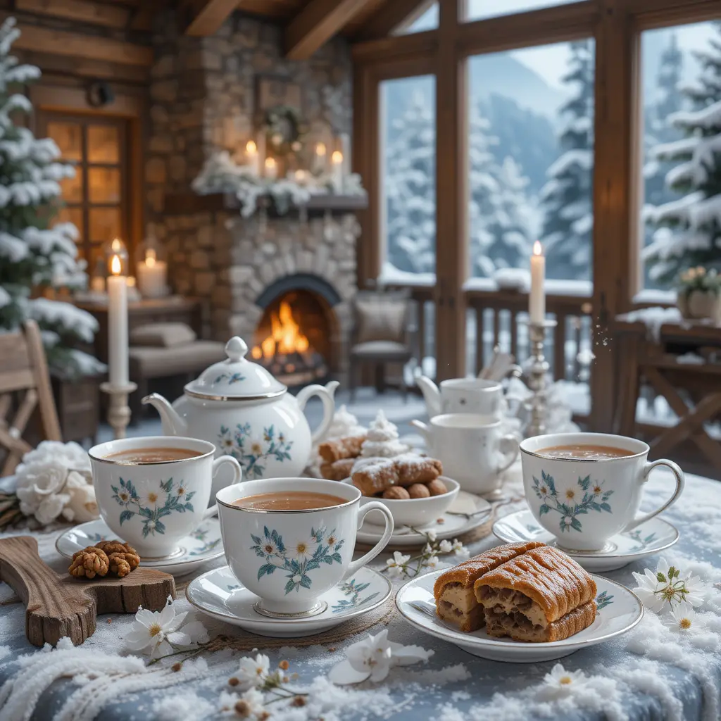 Cozy Winter Tea Set With Alpine Sweets By The Fire