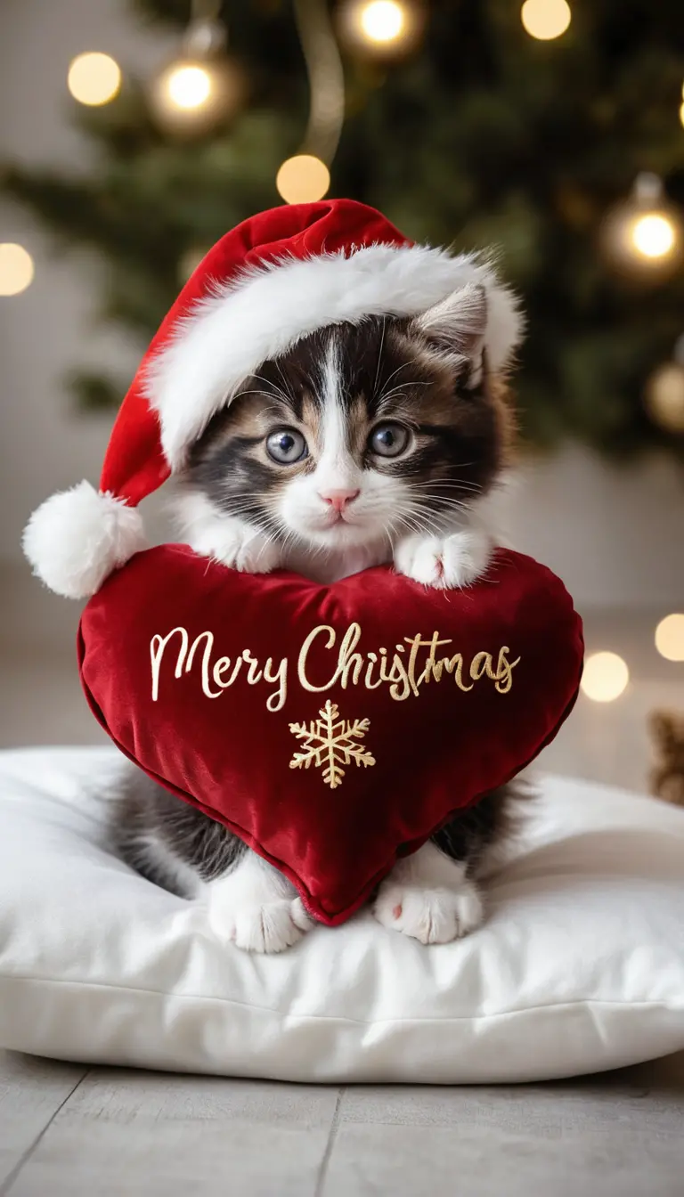 Cute kitten on heart pillow wearing a santa hat