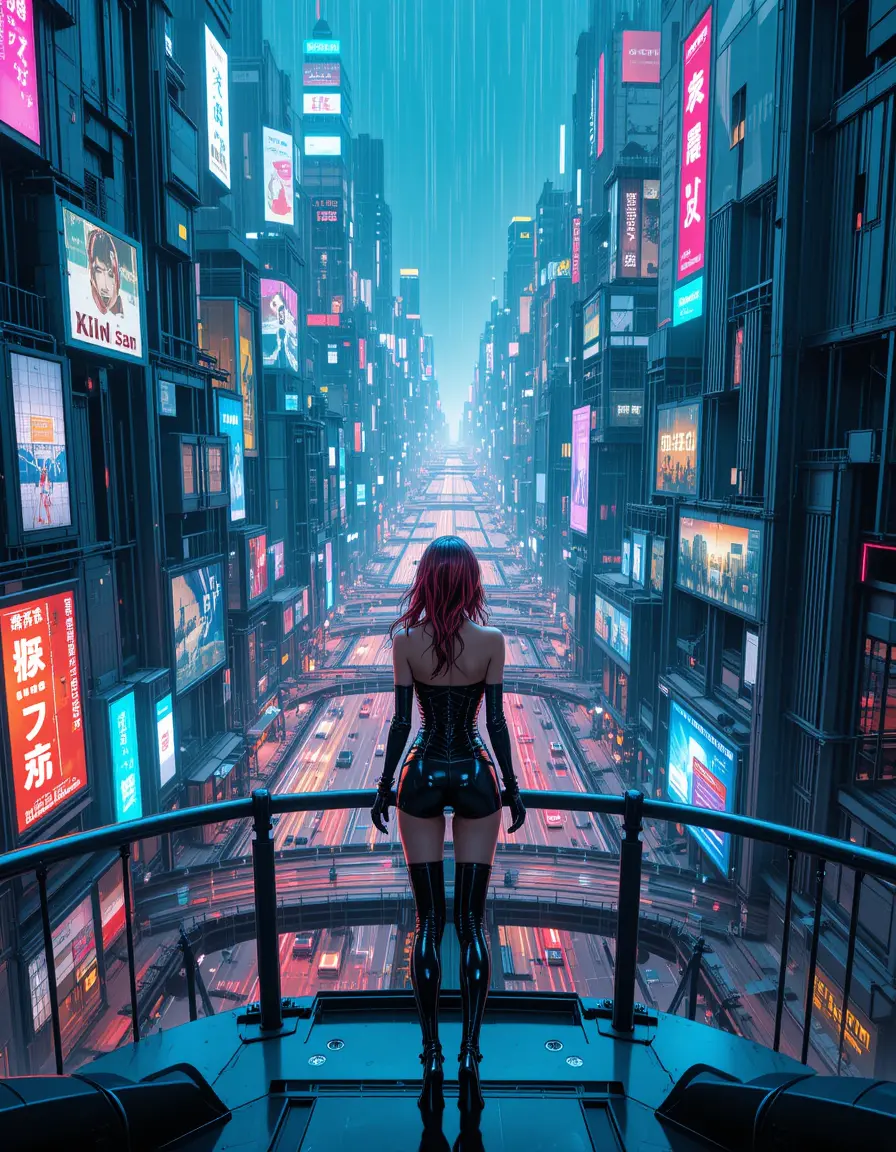 Cyberpunk Woman On Futuristic Bridge Above Neon City