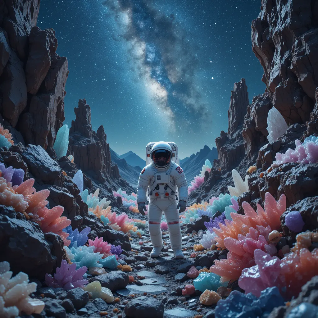 Astronaut Exploring Crystal Jungle Under The Milky Way