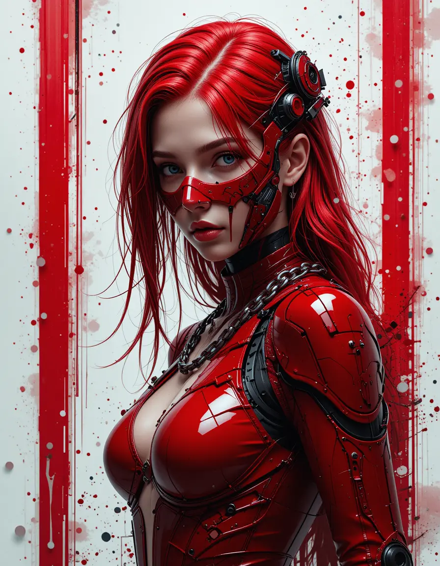 Fierce cyberpunk woman with red hair and mask