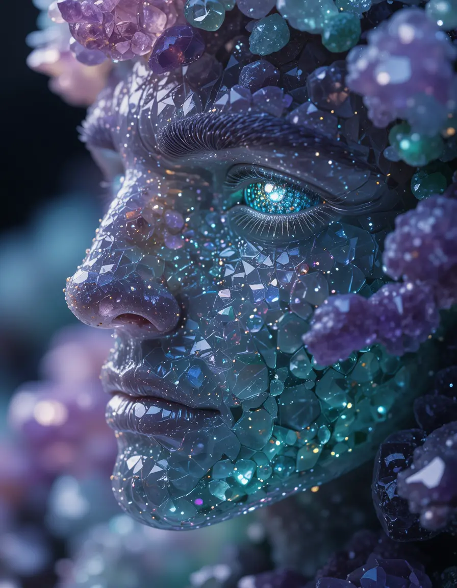 Crystal human face made of amethyst and chrysoprase