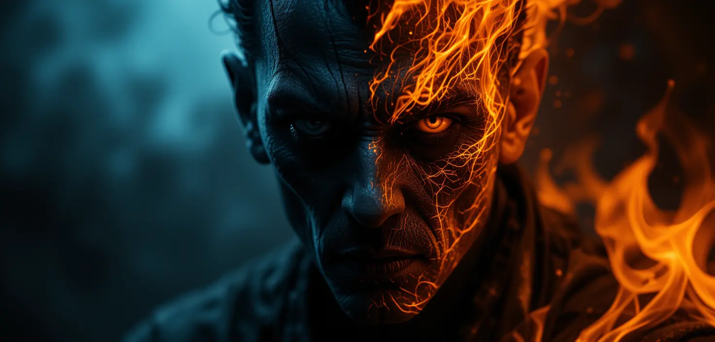 Chiaroscuro portrait of a dark enigmatic fire nuckelavee