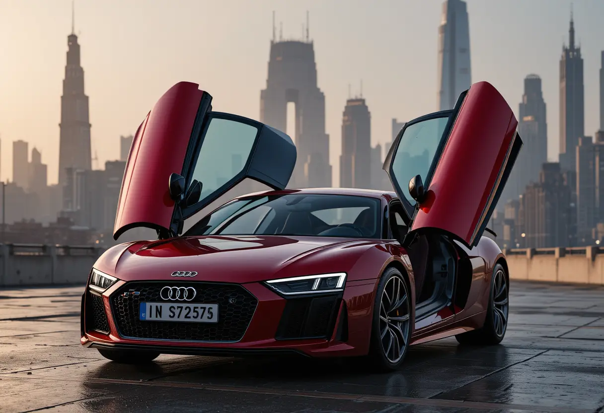 Futuristic Audi sports car with wing doors in neon city