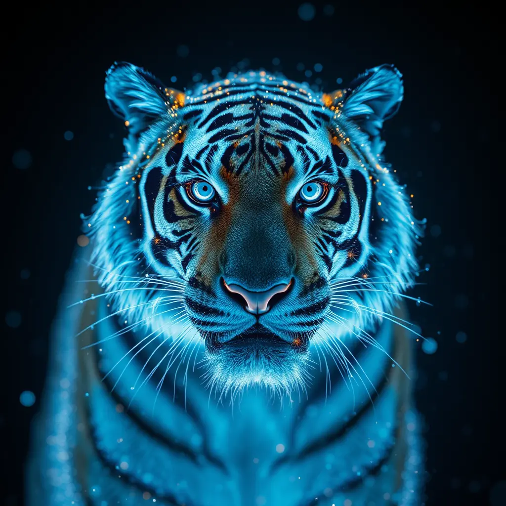 Close up particle tiger dissolving in glowing cyan light