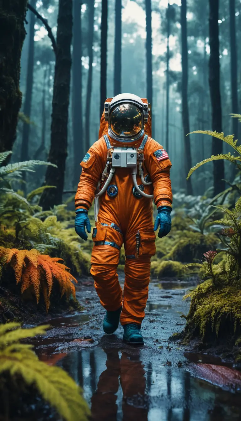 Astronaut Lost In A Colorful Rain Soaked Forest