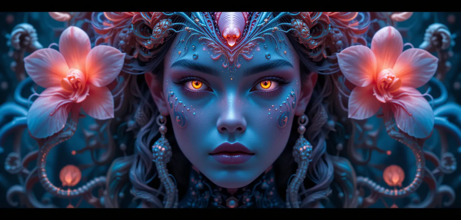 Bioluminescent Goddess Portrait With Mythical Sea Creatures