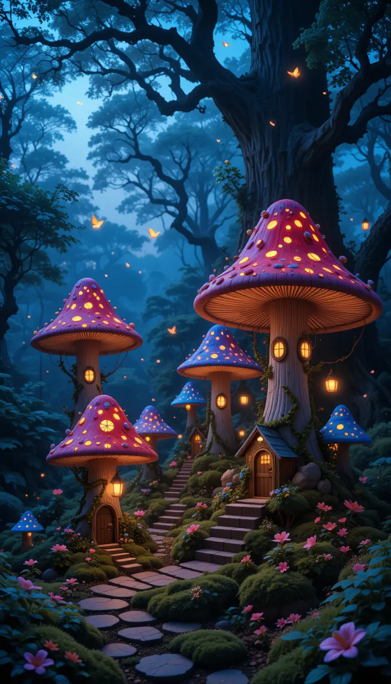 Glowing Mushroom Village In An Enchanted Twilight Forest