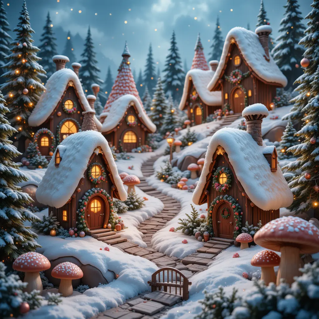 Whimsical Christmas Gnome Houses In A Snowy Village