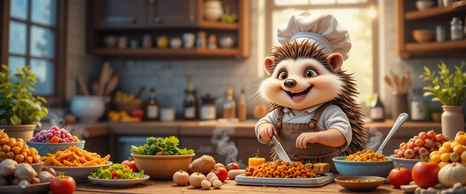 Pixar style cooking banner with cute chef hedgehog