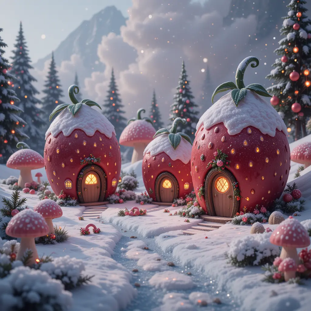 Whimsical gnome houses with snowy strawberry roofs at Christmas