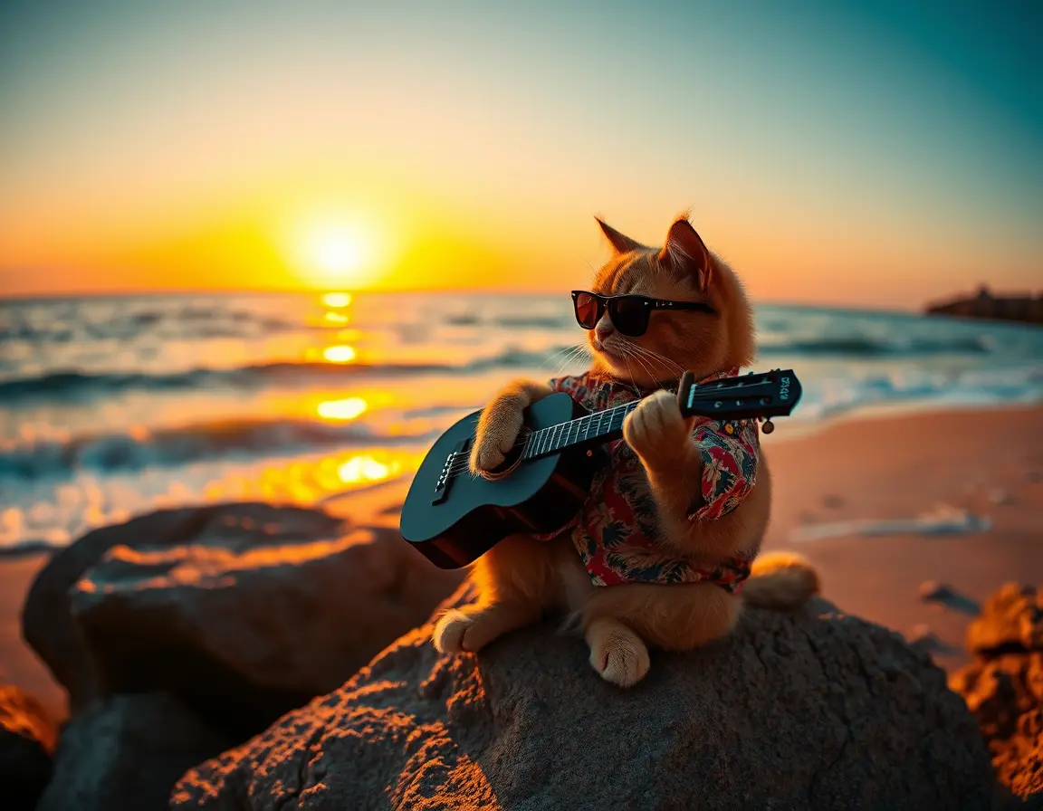 Melancholic cat playing guitar at sunset on beach rocks