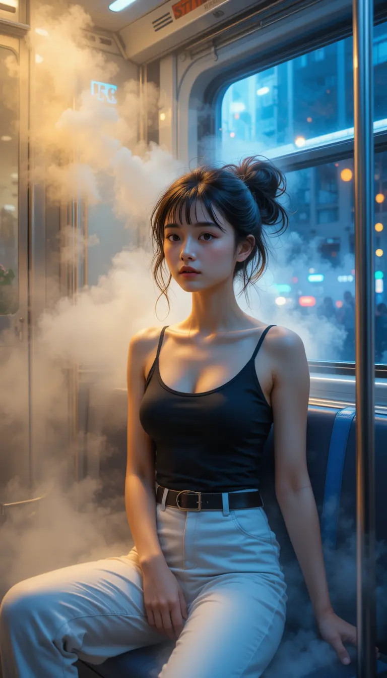 Young woman on neon lit train in dreamy digital painting