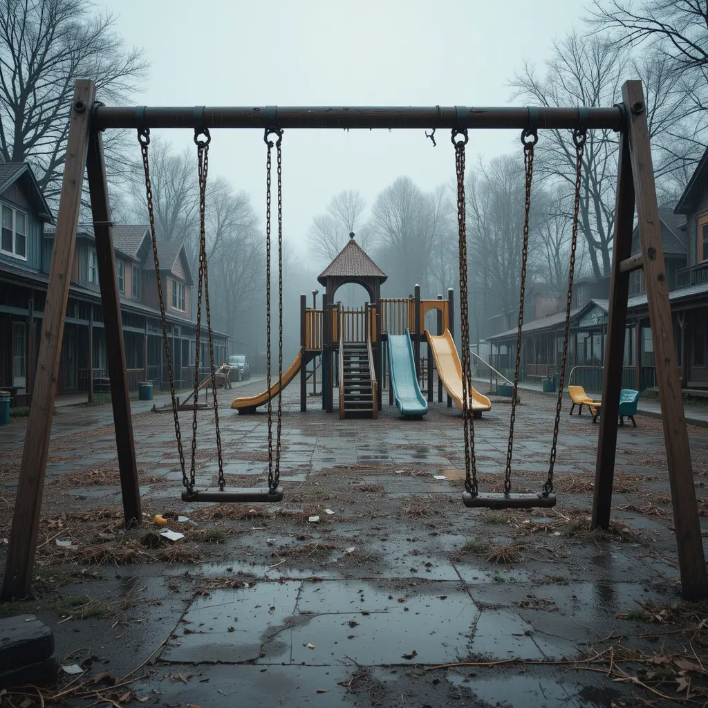 Abandoned playground in the rain with broken equipment