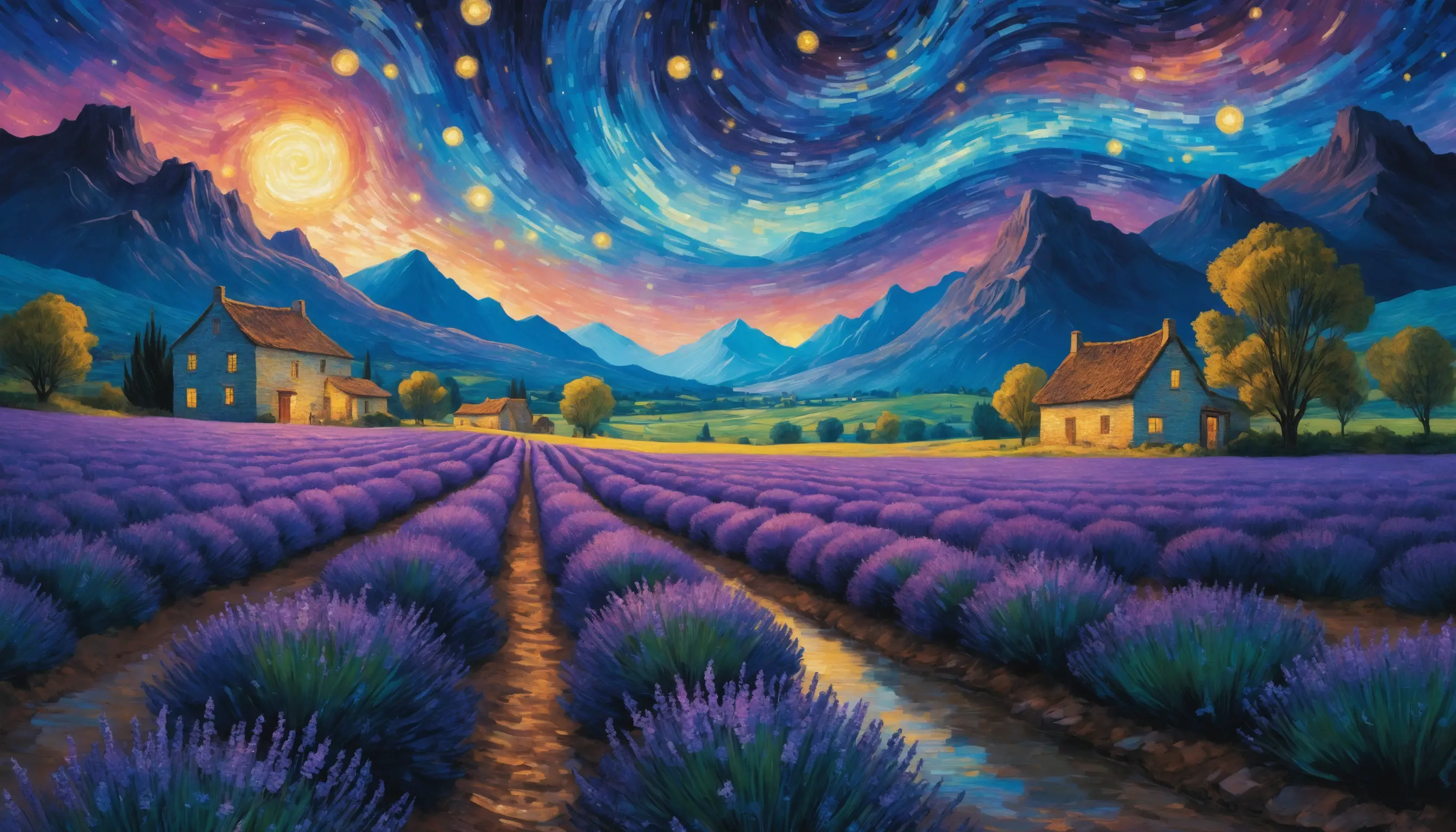 Lavender valley under a glowing star filled night sky
