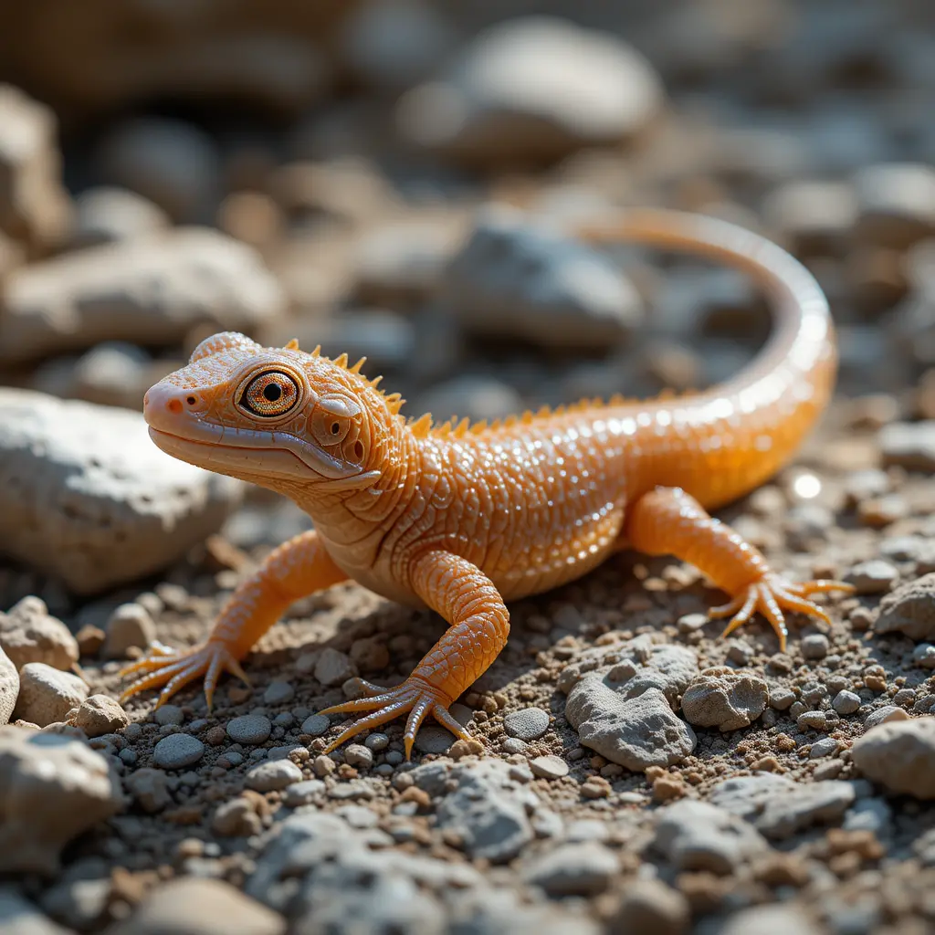 Close up macro of reptilian creature on rocky ground