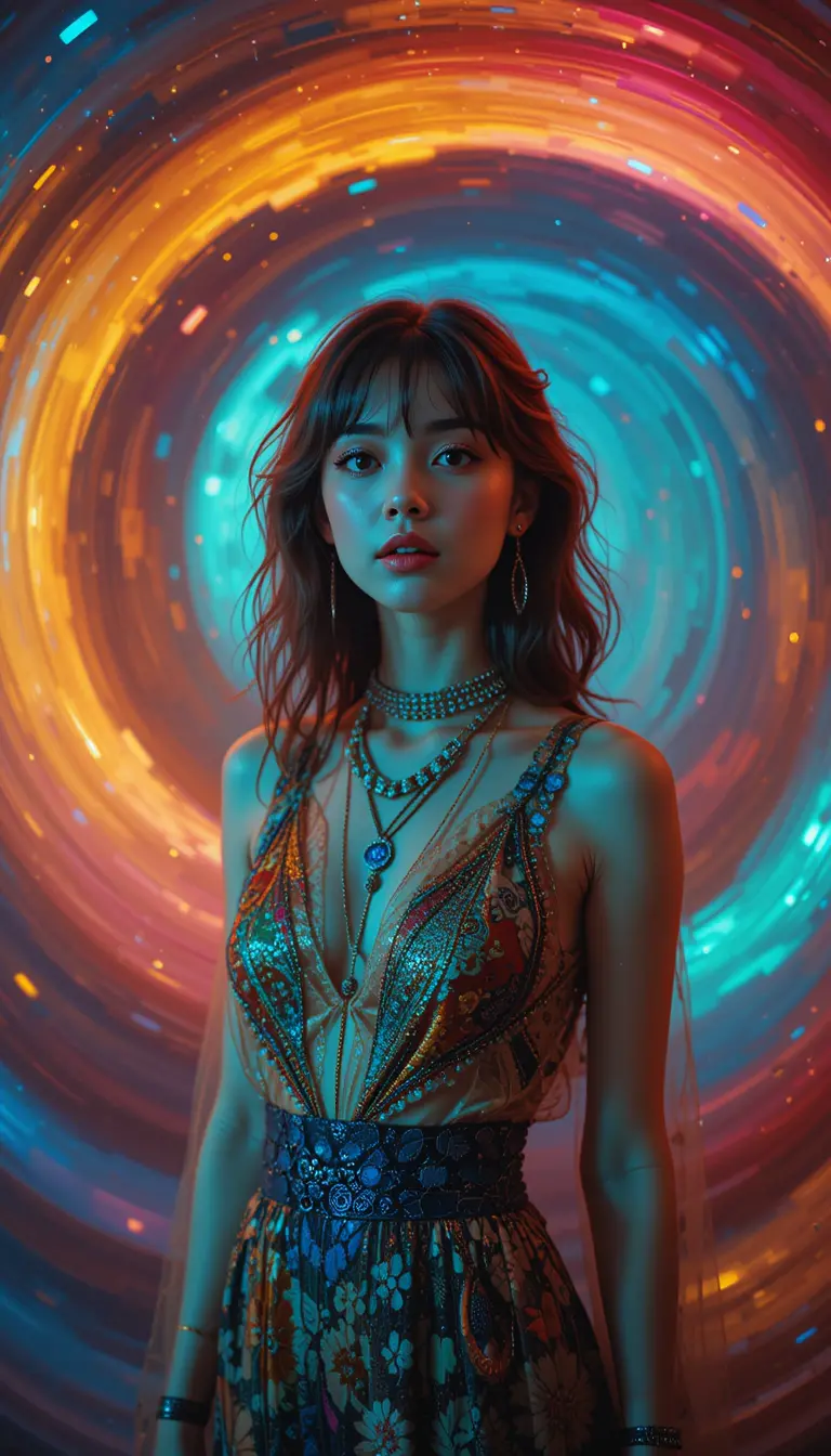 Dreamy young woman in vibrant 1960s inspired fashion