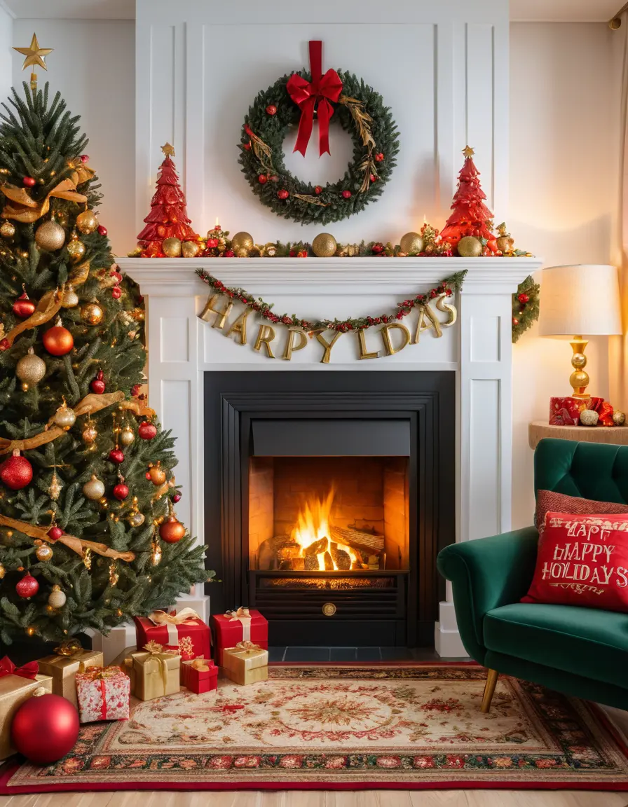 Cozy Christmas Living Room With Tree And Fireplace Decor