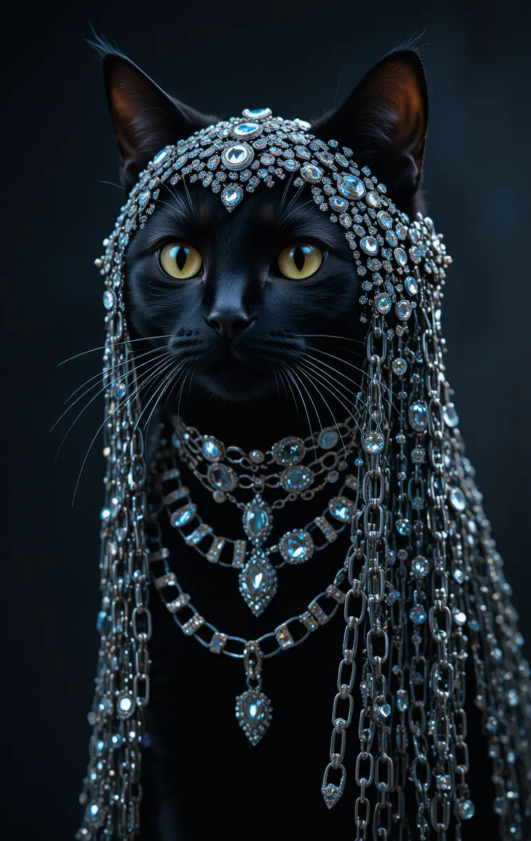 Black cat with silver chains and diamonds portrait