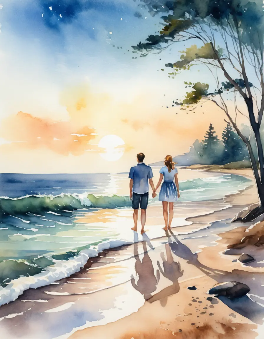 Young couple on the beach facing the evening sea