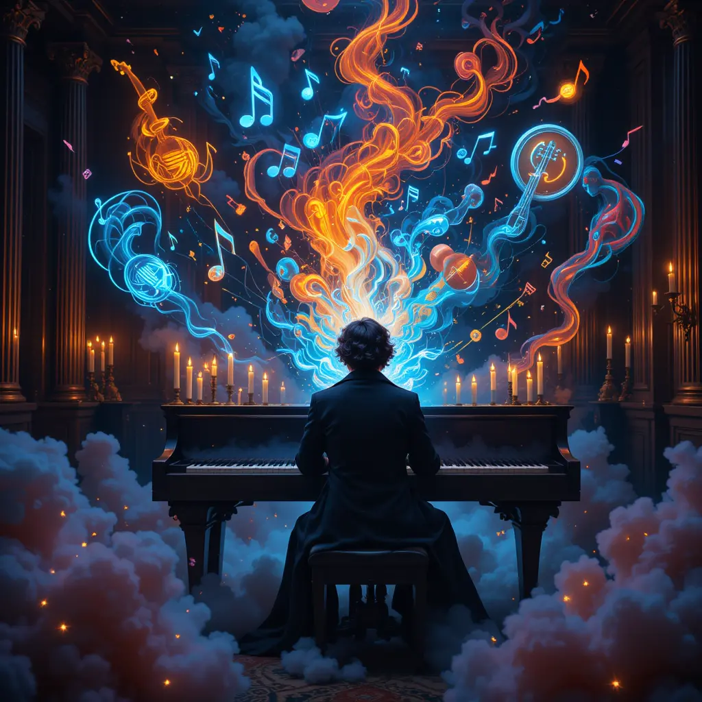 Composer Dreaming At A Candlelit Piano In Classical Room