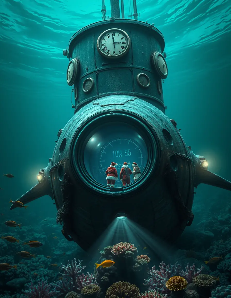 Surreal deep sea submarine with giant glass porthole