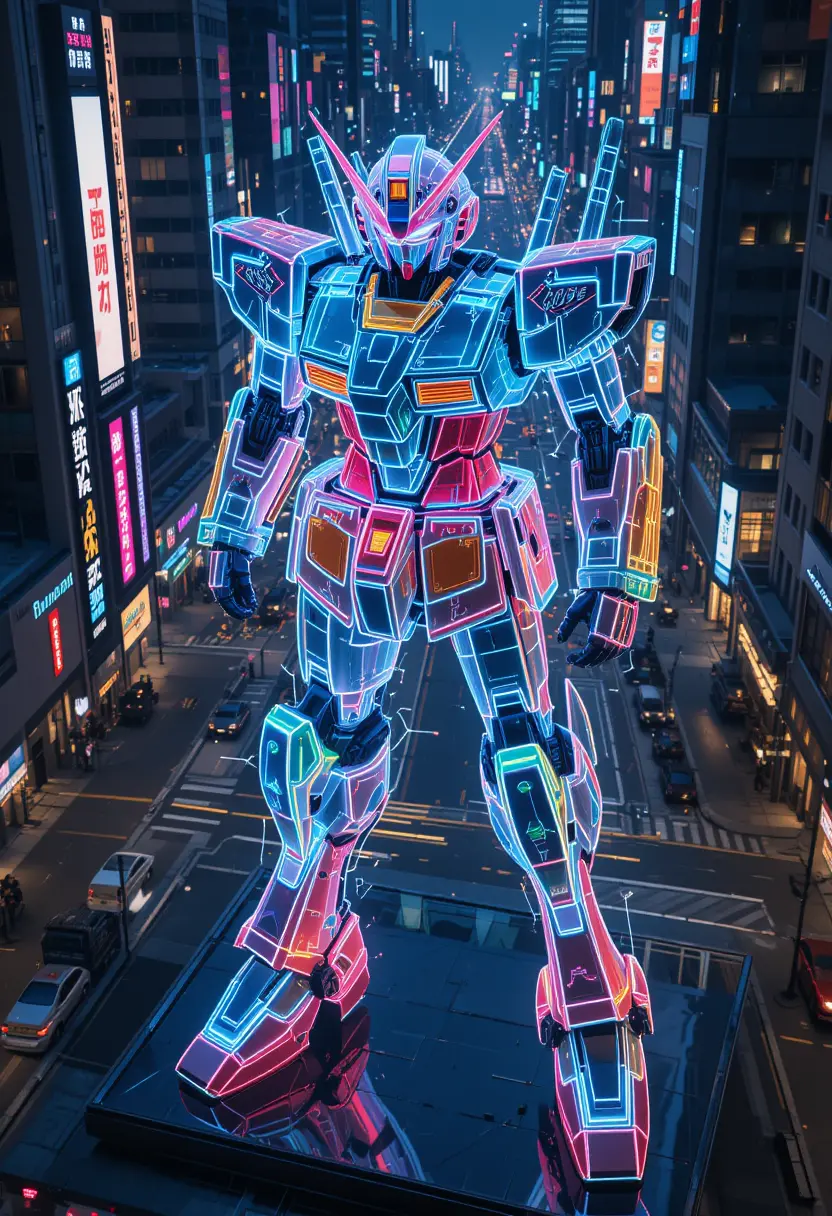 Neon Holographic Giant Robot Statue Above City Streets
