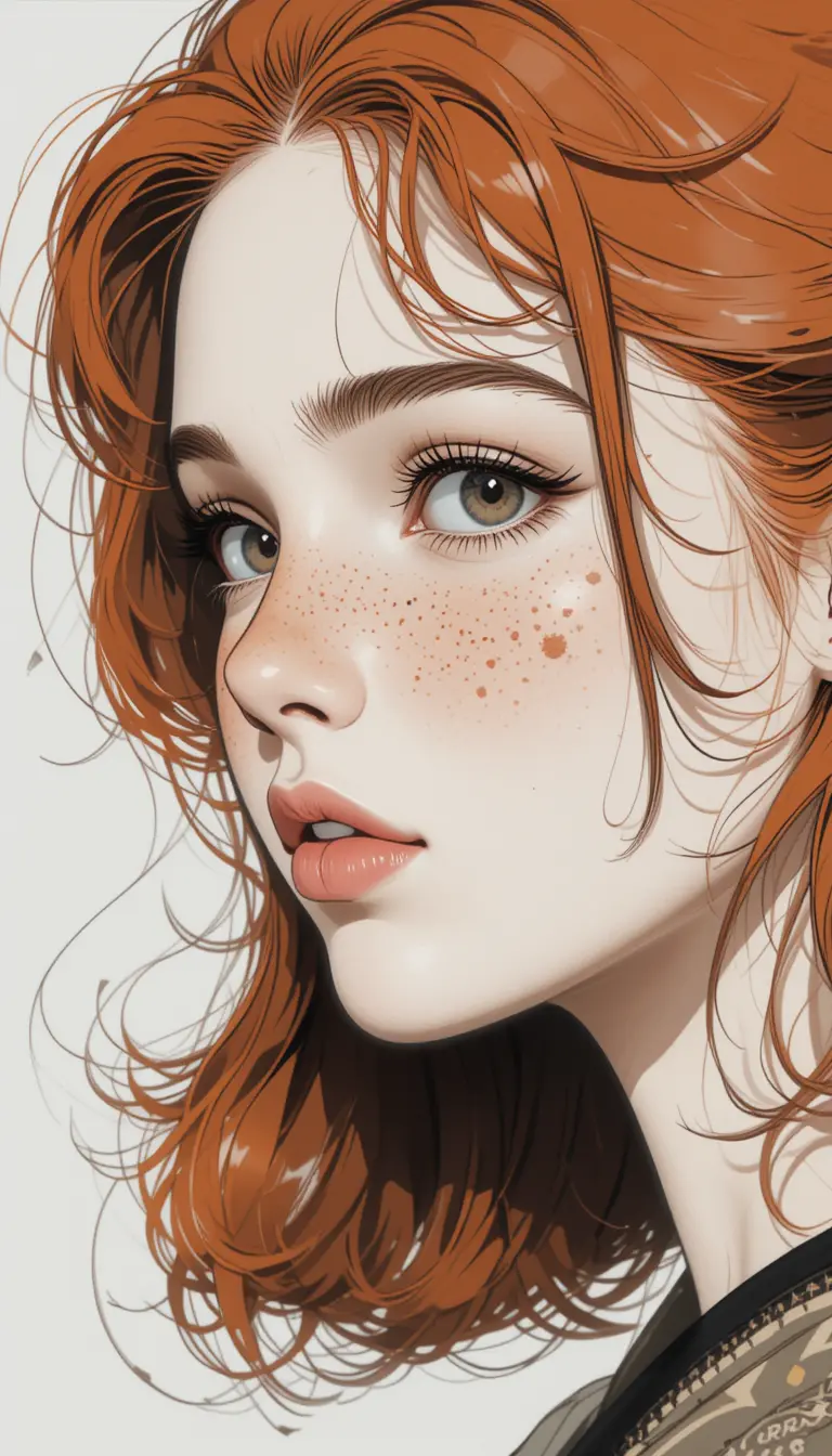 Freckled anime woman portrait in vintage illustration style
