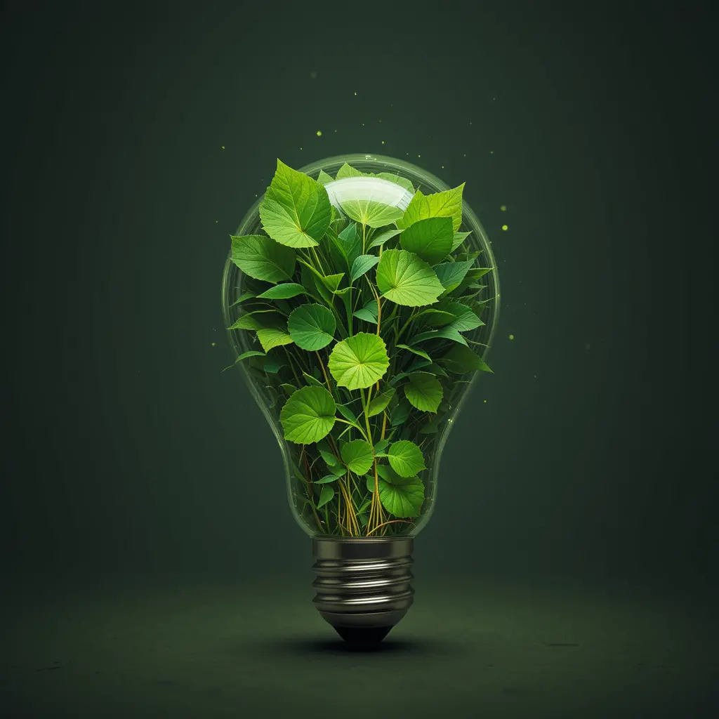 Eco friendly light bulb filled with lush green leaves